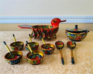 Vintage Russian Khokhloma 21-piece Wooden Bowl & Spoon Set