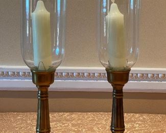 Set of 2 Glass Globe & Brass Pedestal Candelabra