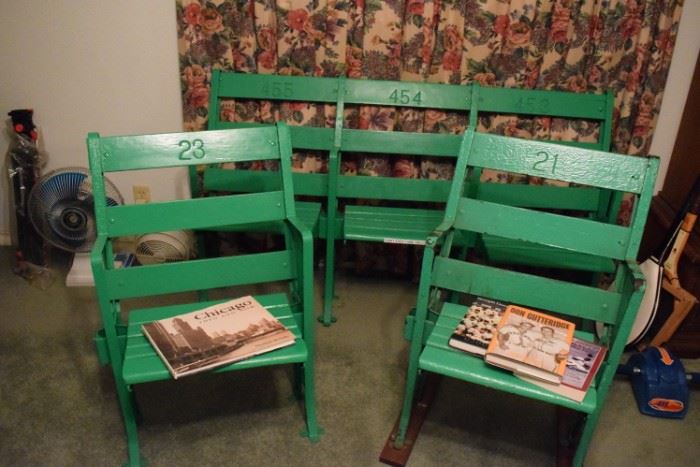 Stadium Seats from the old Comiskey Park in Chicago (home of the White Sox). All end seats with Art Deco panel. RARE!!