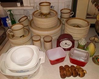 Vintage Pyrex, Corningware, Mikasa stoneware, and a vintage Kodak dark room timer.