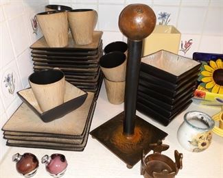 Jan Barboglio bronze paper towel holder and candle holder, as well as, nice dish set.