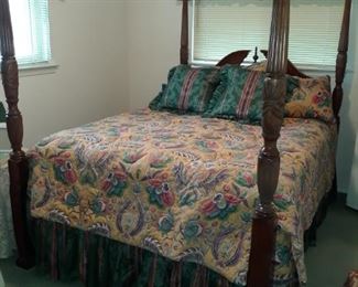 Custom made Queen bed linens includes three down filled throw pillows, two ruffled pillows, bed spread, and bed skirt. Bed frame is not available.