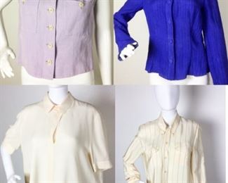 Lot	26	Giorgio Armani Lot of 4 Vest Blouse	Giorgio Armani Lilac Vest - 2 spots right side near pocket + right front bottom - left under arm Royal Purple Blouse - silk /poly blend Size 42 Cream with Coca Pin stripe 100% silk button up - Size 42 - stain on right cuff near button. Bergdorf Goodman NY Armani Cream 100% silk pull over blouse Size 42
