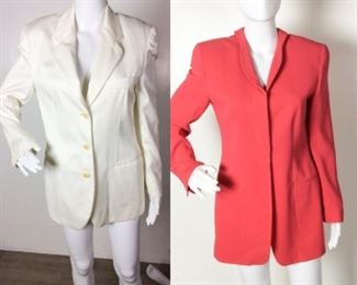 Lot	30	Giorgio Armani Two Women's Blazers	Giorgio Armani Two Women's Blazers Size 40 Vestimetna Spa - Made in Italy Poppy Color - 100% Silk - 3 Hidden Button Summer Ivory Color - 100% Cotton - 3 Button / 3 Pocket Condition - Stain on shoulder - Spot lapel & collar
