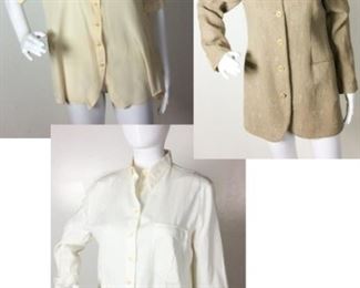Lot	31	Giorgio Armani Lot of 3 Jackets / blouses	Giorgio Armani COMBO Jacket with Two blouses Camel Jacket Size 40 Condition - thread pull back left side near elbow Button down Shirt Long Sleeve Ivory - one breast pocket Condition - dot spots left bottom - spot right breast near pocket - back left Short sleeve 100% silk cream blouse Size 40 Condition - spot left collar front opening / spots shoulder and back.

