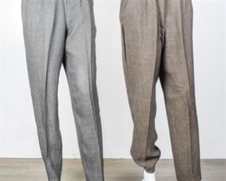 Lot	32	Two Pair Giorgio Armani Women's Pants	Giorgio Armani Women's Pants ~ Two Pair ~ both Size 42 Brown Camel Zipper Front One Button Two Pockets Condition - seam split right inner leg (repairable ) Gray/ Olive Mix Side Zipper One Button Two Pockets
