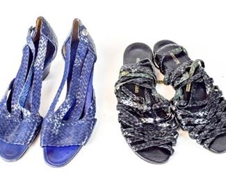 Lot	43	Stephane Kelian 2 pairs open toed shoes	Made in France. Black strapped flats. braided leather. Worn soles. size unknown Blue 2 inch heels. Woven leather. worn soles. UK size 4 US size 6.5
