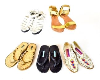 Lot	46	5 pairs of woman's sandals - Size 7	1 open toe Sol Sana leather flats with ankle strap, Velcro closure, mild ware on soles, size 7 1 open toe Charles Jordan strap clogs, light ware, size 7 1 close toe Susan Bennis Warren Edwards slip on, worn soles, size unknown estimated 7 2 flip-flops, J Crew very slight ware, Mella like new, size unknown, estimated 7
