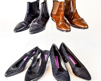Lot	48	Susan Bennis Warren Edwards 4 pairs women's shoes	Susan Bennis Warren Edwards - SBWE Made in Italy. US Sizes 7-7.5. Clean soles. Heels 2 inch. mild ware on heels. Possibly resoled. Strap on woven leather shoe altered. Leather size 7. Fabric size unknown. 1 Black 1 Brown pairs of boots. Scuffed toes on black. Mild ware on brown. Both size 7.5

