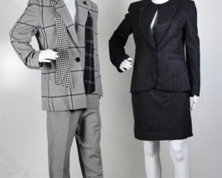 Lot	55	Two Suits Louis Feraud Plaid / ILGWU Striped Skirt	Two Suits - a grey and white Louis Feraud Plaid Pants suit with belt and a Vintage black and grey ILGWU Striped Skirt Suit No visible Stains Both Size 8
