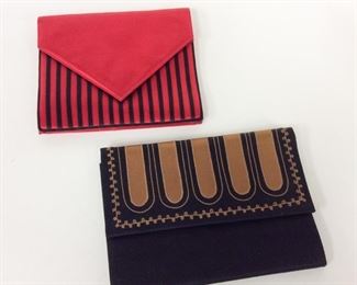 Lot	57	Valentino 2 Satin Clutch Evening Bags	Valentino Lot of 2 Satin Clutch Evening Bags Valentino NIGHT Red Envelope Clutch Black Strip Bag (no strap) Valentino Boutique Black / Camel Clutch Bag (no strap)
