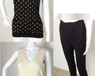Lot	70	3 pcs 100% Cashmere Calvin Klein and Ralph Lauren	3 pcs Mixed 100% Cashmere Calvin Klein and Ralph Lauren Calvin Klein for Bergdorf Goodman NY Black Cashmere pull on Pant Size Medium Ralph Lauren Sweater Vest Cream Cable Knit Cashmere Size Medium Ralph Lauren Sweater Vest Black with Cream Geo Pattern Size Medium
