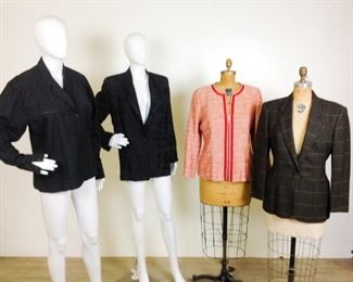 Lot	75	Lot of 4 Designer Jackets and Blazers	Claude Montana - Paris 100% Wool black with green pin stripe, Three double breasted front right breast zipper pocket Size 8 -Erreuno - Italy / Milano 64% Linen 36% Cotton Jacket Black - one button closure front - two pockets Size 40 -Basile - Italy 100% wool - Tweed Jacket -one button - two pocket front - Size 42 -Lafayette 148 - New York - Red mix blend short jacket Zipper ( two way ) front closure - Size 12
