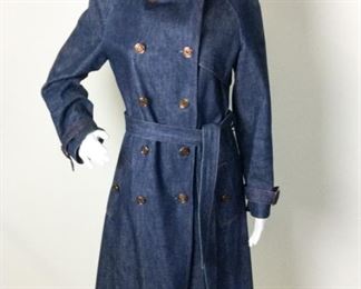 Lot	105	Vintage Custom Creation Denim Trench Coat	Vintage Custom Creation Denim Trench Coat Red Stitching - Copper Tone Buttons Blue Satin Lined - Belted Cuffs - Matching Waist Belt **** NO SIZING *** ( collection content educated guess women's 8 )
