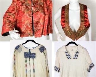 Lot	117	Four Piece Collection International Pieces	Four Piece Collection International Pieces * Red Oriental Kimono Style Short Jacket - Fuerst's Creations - Small - Made in China * Ornate Embroidered Linen Vest - Made in Madrid * Mandy - Cotton Pullover- Key Pattern Crochet - Made in Greece * Organza Top Needle Point Design - Made in Jugoslavija
