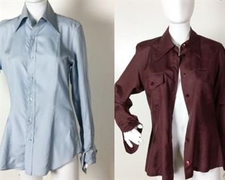 Lot	121	Two Gucci Women's Collar Dress Shirts	Gucci - Women's Collar Dress Shirts TWO Made in Italy - SIZE 44 Merlot Shirt - Two breast pockets - Gucci Buttons Periwinkle Blue Shirt - Tuxedo Sleeves Gucci Buttons **middle of back spot - right shoulder large stain **
