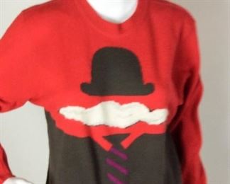 Lot	123	KRIZIA maglia Magritta RED Man Sweater	KRIZIA maglia Magritta Derby Mustache RED Sweater  design mustache & tie stripes angora SIZE 44 90% CASHMERE 10% Angora rabbit fur Small Stain on Mustache
