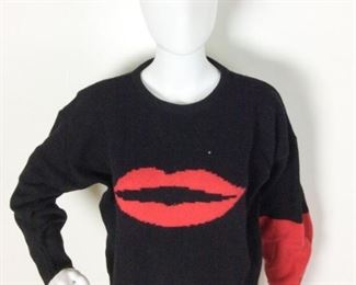 Lot	127	Poi...by Krizia / Italy Red Lip Wool Sweater	Black Wool Sweater w/ Red Lip Design single Rhinestone 1/2 left sleeve red - SIZE 40
