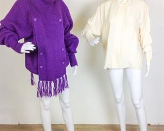 Lot	128	Karl Langerfeld COMBO Sweater Jacket / Blouse	Karl Langerfeld - Italy Purple Sweater Jacket Fringe bottom classic K & L individual buttons SIZE M-L Cream Blouse hidden button front SIZE 40 KL - France has KL buttons on cuffs & collar ** dot spot on left breast area **
