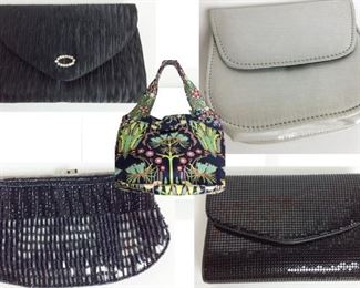 Lot	133	5 Assorted Handbags - Amy Butler / Whitting Davis	- XL Amy Butler Kalencom - Navy floral print - Whitting Davis black beaded gold tone strap - snap closure - pleated black satin clutch rhinestone embellishment - sliver satin with silver chain strap - K.C. Malhan beaded top closure with chain strap
