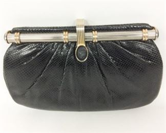 Lot	134	Judith Leiber Snake Purse Spartan Closure	Judith Leiber Black Pleated Leather Snake Clutch / Shoulder Purse Spartan Head Closure Gold Trim Hardware
