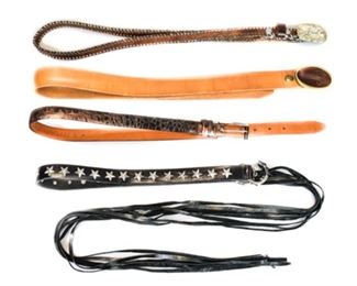 Lot	139	4 Women's Leather Belts Leather Dragon, Dsquared	1 Leather Dragon Aspen, Wood inlay brass belt buckle, 32 inches 1 Dsquared, made in Italy, 37 inches 1 Joan & David, M, made in Italy, 31 inches 1 Star tie leather belt, missing 3 stars, 31-90 inches
