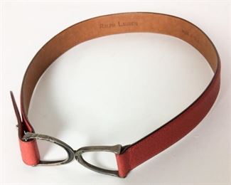 Lot	154	Ralph Lauren Red Leather Belt - Sterling Clasp	Ralph Lauren Red Leather Belt Made in Italy Size M the Clasps represent two English riding stir-ups Stamped 925 indicative of Sterling Silver
