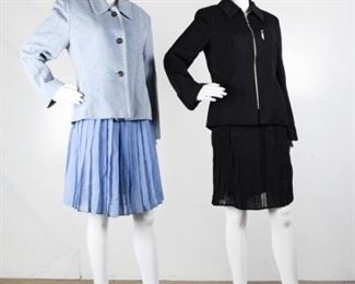 Lot	179	Two Skirt Suits -Trend Les Copains Perry Ellis	Black Trend Les Copains Pleated skirt and zippered jacket - Made in Italy. Size 42 - Us size 6 Blue and Cream Herringbone Perry Ellis jacket size 6 with pleated skirt - size medium.
