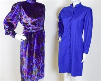 Lot	183	Two Vintage Ungaro Dresses - Size 8	Two Vintage Ungaro Dresses - Size 8. Navy Blue Button dress with Pockets. Ungaro - Solo Donna Paris - Size 42 / 8. Vintage Purple velour belted dress with button up the back. Made In Italy for Bergdorf Goodman - no size labels. Appears to be about a size 8.
