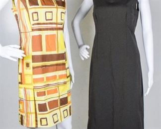 Lot	184	Two Mid century modern Mod Dresses - Adec Prada	Two Mid century modern Mod Dresses - One Philppe Adec yellow and Brown dress Paris Size 6 and a brown dress with Prada RN #98339 Made in Italy - tag cut from top of dress
