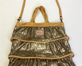 Lot	199	Red Valentino Tan Leather and Sequin Tiered Tote	Authentic Red Valentino natural tan leather and sequins, double handled large bag with pouch. magnetic snap closure, Lightly used Condition - Some staining on bottom Dimensions - 17" l x 15.25" h x 1.5" w
