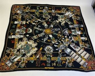 Lot	207	Hermes Vintage Silk Scarf Kachinas by K Oliver	Authentic vintage Hermes twill silk scarf/carre titled Kachinas, a grail design from 1992 by American artist Kermit Oliver featuring the Hopi kachina dolls. Good condition. 35" l x 34" w
