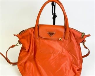 Lot	215	Prada Orange Tessuto+Saffiano Satchel	Prada Tessuto with adjustable, detachable strap, zipper closure with magnetic snap on flap, minimal wear, some marks on lining inside. 16"l x 13" h x " w
