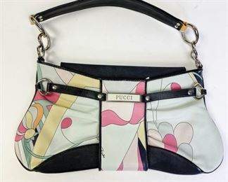 Lot	219	Emilio Pucci Printed Leather Trimmed Handle Bag	Authentic Emilio Pucci printed leather trimmed handle Bag - Teal Blue and Pink 14" l x 7.5" h x .5" w

