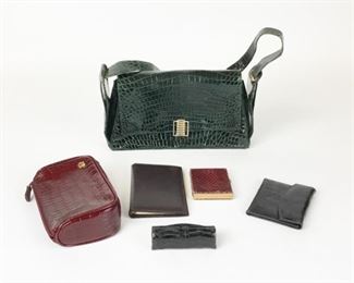 Lot	241	Snake & Alligator Handbags & Accessories	Green handbag, red compact, Jennifer Moore lipstick, Bosca wallet, red Etienne Aigner pouch, Bosca brown leather address book. Green handbag, 10"L
