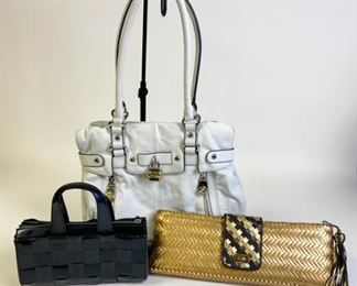 Lot	250	Grouping of Designer Purses	Lot includes metallic gold leather woven Adrienne Vittadini clutch, good condition, 16"L; B. Mankowsky white leather double handle bag with two zippered pockets on outside, lock marked B. Mankowsky, leopard print lining with three compartments, one zippered pocket inside, magnetic closure, minor wear and few marks, good condition, 15"L x 11"H; Stephane Kelian small woven double handled zippered purse, fabric lined with one zippered pocket inside, 10"L x 4"W
