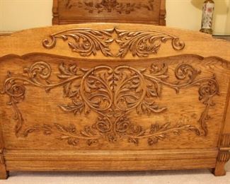 Heavily carved oak full size bed footboard.  