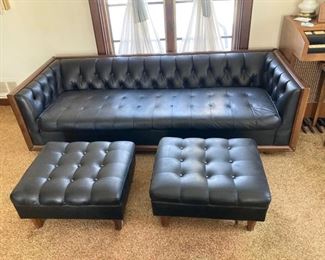 1 Mid Century Modern Leather Sofa and Ottomans