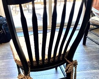 Lot 5500 $1,200.00. 60" Round Nichols & Stone Dining Table With One 18" Leaf, 6 Chairs & Cute Cushions, Chairs are black in color, as is the base of the table, the tabletop is a warm cherry. This fabulous table could be great for the kitchen eating area or dining room. Normal usage wear on the tabletop. This one won't last!