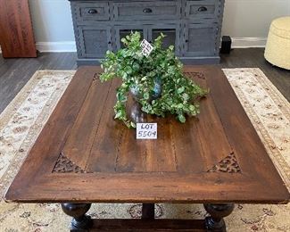 Lot 5504. $200.00. Massive Hardwood Coffee Table, with Turned Legs, Carving at the corners, plenty of style, intentionally distressed. Fits in with a farmhouse style. 43"w x 55"l x20"h. Heavy. Great table for a home with kids. Other items in this picture are available in upcoming lots.