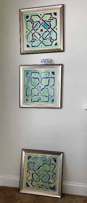 Lot 5509  $60.00  Set of 3 Coordinating Cool Water Color Prints with Geometric Designs in Shades of Green, 18"x 18" by Wendover Art Group, Made in USA