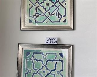 Lot 5509  $60.00  Set of 3 Coordinating Cool Water Color Prints with Geometric Designs in Shades of Green, 18"x 18" by Wendover Art Group, Made in USA