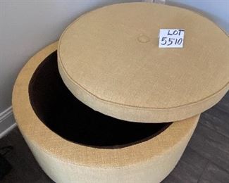 Lot 5510 $225.00. 33' Diam. Super Nice Round Yellow/tan Ottoman with Great Storage (Blankets, Magazines, Remote Controls...). Made for Jonathon Lewis. Microfiber Lined Storage and Casters. Very Heavy Piece.