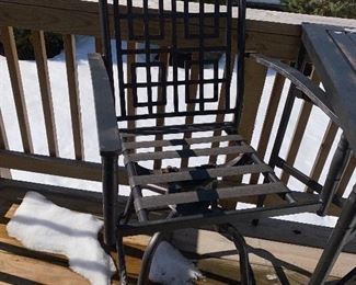 Lot 5516. $85.00. Outdoor Bistro Table and Two Swivel Chairs. The tabletop needs to be scraped and spray painted, the two chairs are in good shape, they come with two turquoise chair pads. Bistro table height.