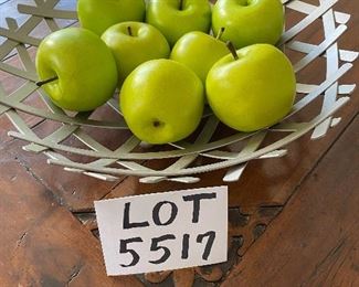 Lot 5517. $22.00. Charming Decor - Silver Footed Woven Metal Basket 15" diameter, with 8 Granny Smith Apples that you'd swear are real! Terrific Centerpiece