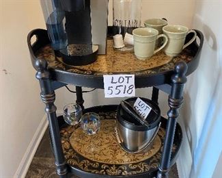 Lot 5518. $125.00 Really Handy Two-Tray-Tiered Butler Table, shown here as a Coffee Station - both 2 handled trays are removable, hand-painted, and very functional. Please note that Lot 5520 is the Keurig Machine, a glass canister (perfect for storing K-Cups or beans), and 4 Pottery Barn Mugs, that lot is $65.00.