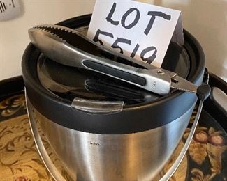 Lot 5519. $48.00. Nice OXO Ice Bucket with Tongs, Two adorable hand-painted wine glasses, and Oster wine opener.