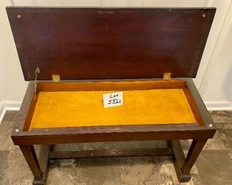 Lot 5521 $46.00 Vintage Mud Room Bench in Dark Brown, well -worn top and opens to storage, Great DYI Project. Great Bones!