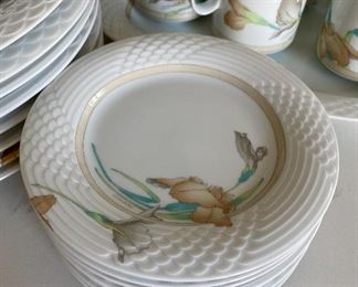Lot 5561. $225.00 Hutschenreuther 41 piece Leonard Decor Estoril china set, includes service for 8. 8 dinner plates, 8 salad plates, 8 bread plates 8 saucers, 8 cups, and 1 platter. ( a complete set with service for 12 and several serving pieces sold for $1600+. ). These are high-quality dishes, made in Germany.