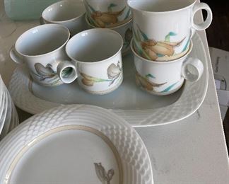 Lot 5561. $225.00 Hutschenreuther 41 piece Leonard Decor Estoril china set, includes service for 8. 8 dinner plates, 8 salad plates, 8 bread plates 8 saucers, 8 cups, and 1 platter. ( a complete set with service for 12 and several serving pieces sold for $1600+. ). These are high-quality dishes, made in Germany.